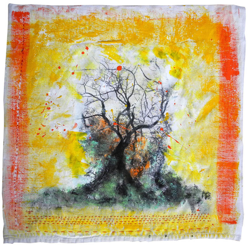 Textile, peinture, encre, transfert, arbre, couleur orange, draps